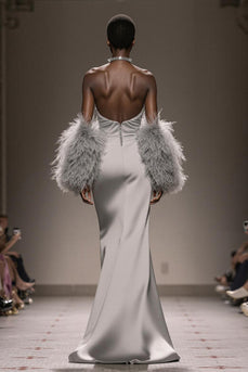 Silver Satin Mermaid Strapless Long Formal Dress with Slit