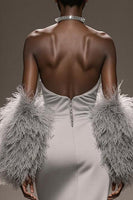 Load image into Gallery viewer, Silver Satin Mermaid Strapless Long Formal Dress with Slit