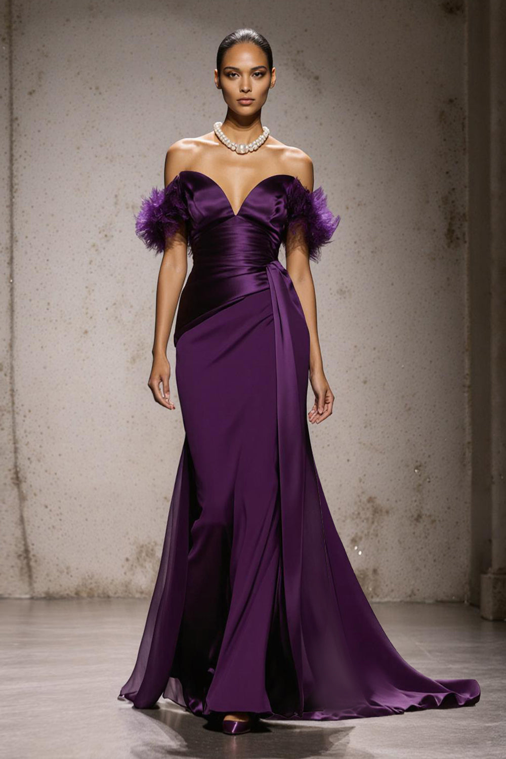 Purple Mermaid Satin Off the Shoulder Long Formal Dress with Feathers