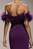 Load image into Gallery viewer, Purple Mermaid Satin Off the Shoulder Long Formal Dress with Feathers