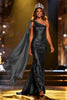 Load image into Gallery viewer, Sparkly Gold Mermaid Long Sequin Pageant Dress with Side Cape