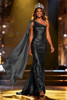 Load image into Gallery viewer, Sparkly Gold Mermaid Long Sequin Pageant Dress with Side Cape