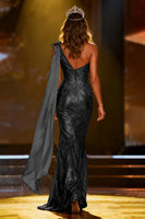 Load image into Gallery viewer, Sparkly Gold Mermaid Long Sequin Pageant Dress with Side Cape