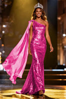 Load image into Gallery viewer, Sparkly Gold Mermaid Long Sequin Pageant Dress with Side Cape