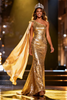 Load image into Gallery viewer, Sparkly Gold Mermaid Long Sequin Pageant Dress with Side Cape