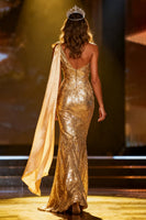 Load image into Gallery viewer, Sparkly Gold Mermaid Long Sequin Pageant Dress with Side Cape
