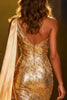 Load image into Gallery viewer, Sparkly Gold Mermaid Long Sequin Pageant Dress with Side Cape