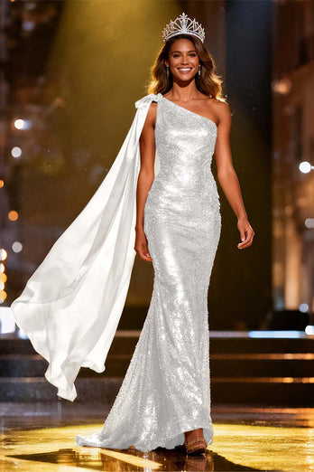 Sparkly Gold Mermaid Long Sequin Pageant Dress with Side Cape