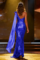 Load image into Gallery viewer, Sparkly Gold Mermaid Long Sequin Pageant Dress with Side Cape