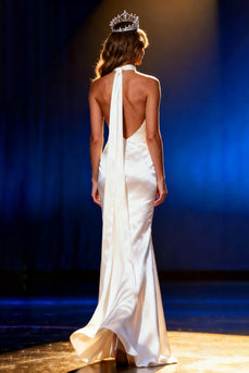 White Halter Mermaid Satin Long Pageant Dress with Cape