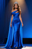 Load image into Gallery viewer, Royal Blue Satin One Shoulder Mermaid Long Pageant Dress with Cape