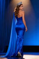 Load image into Gallery viewer, Royal Blue Satin One Shoulder Mermaid Long Pageant Dress with Cape