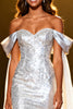 Load image into Gallery viewer, Sparkly Silver Sequin Off the Shoulder Long Pageant Dress with Cape