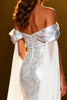 Load image into Gallery viewer, Sparkly Silver Sequin Off the Shoulder Long Pageant Dress with Cape