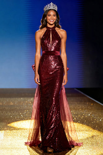 Sparkly Burgundy Sequin Mermaid Halter Long Pageant Dress with Bow