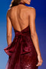 Load image into Gallery viewer, Sparkly Burgundy Sequin Mermaid Halter Long Pageant Dress with Bow