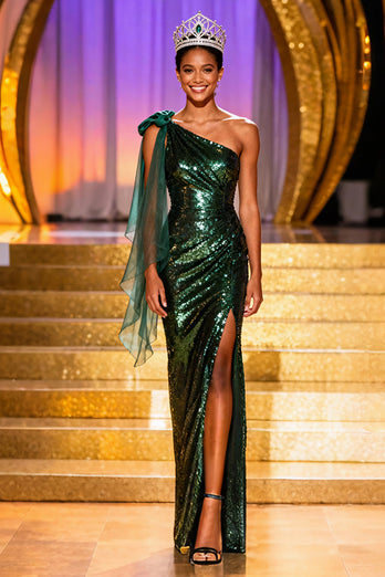 Sparkly Dark Green One Shoulder Long Sequin Pageant Dress with Slit
