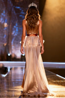 Load image into Gallery viewer, Champagne Satin High Neck Mermaid Long Pageant Dress with Cape