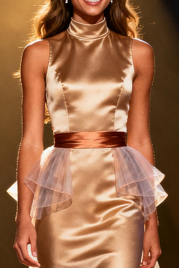 Champagne Satin High Neck Mermaid Long Pageant Dress with Cape