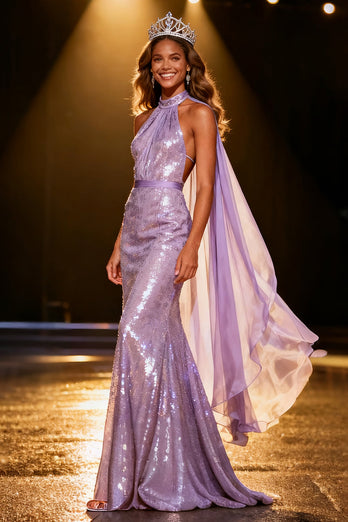 Sparkly Light Purple Halter Mermaid Sequin Long Pageant Dress