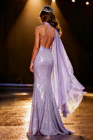 Load image into Gallery viewer, Sparkly Light Purple Halter Mermaid Sequin Long Pageant Dress
