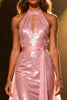 Load image into Gallery viewer, Sparkly Light Pink Halter Sequin Mermaid Long Pageant Dress with Sash