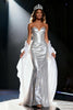 Load image into Gallery viewer, Sparkly Silver Mermaid Sequin Sweetheart Long Pageant Dress with Shawl