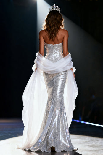 Sparkly Silver Mermaid Sequin Sweetheart Long Pageant Dress with Shawl