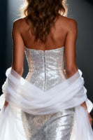 Load image into Gallery viewer, Sparkly Silver Mermaid Sequin Sweetheart Long Pageant Dress with Shawl