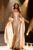 Load image into Gallery viewer, Sparkly Champagne Sequin Strapless Mermaid Long Pageant Dress with Shawl