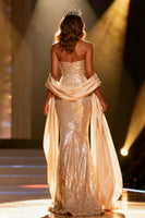 Load image into Gallery viewer, Sparkly Champagne Sequin Strapless Mermaid Long Pageant Dress with Shawl