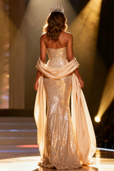 Sparkly Champagne Sequin Strapless Mermaid Long Pageant Dress with Shawl