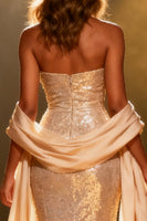Load image into Gallery viewer, Sparkly Champagne Sequin Strapless Mermaid Long Pageant Dress with Shawl