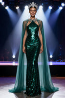 Load image into Gallery viewer, Sparkly Dark Green Mermaid Halter Sequin Long Pageant Dress with Cape