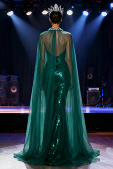 Sparkly Dark Green Mermaid Halter Sequin Long Pageant Dress with Cape