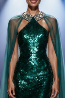 Load image into Gallery viewer, Sparkly Dark Green Mermaid Halter Sequin Long Pageant Dress with Cape