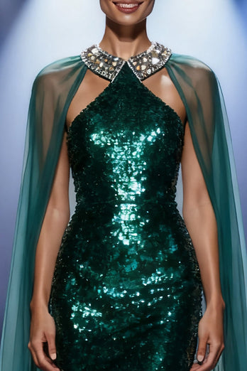 Sparkly Dark Green Mermaid Halter Sequin Long Pageant Dress with Cape