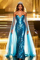 Load image into Gallery viewer, Sparkly Lake Blue Mermaid Sequin Sweetheart Maxi Pageant Dress with Cape
