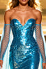 Load image into Gallery viewer, Sparkly Lake Blue Mermaid Sequin Sweetheart Maxi Pageant Dress with Cape