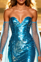 Load image into Gallery viewer, Sparkly Lake Blue Mermaid Sequin Sweetheart Maxi Pageant Dress with Cape