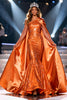 Load image into Gallery viewer, Sparkly Orange One Shoulder Mermaid Long Pageant Dress with Cape