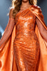 Load image into Gallery viewer, Sparkly Orange One Shoulder Mermaid Long Pageant Dress with Cape