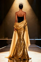 Load image into Gallery viewer, Sparkly Gold Strapless Mermaid Long Pageant Dress with Shawl