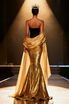 Sparkly Gold Strapless Mermaid Long Pageant Dress with Shawl