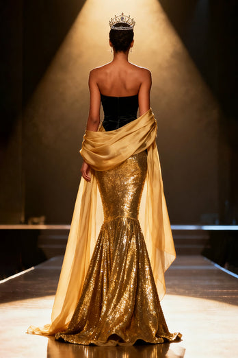 Sparkly Gold Strapless Mermaid Long Pageant Dress with Shawl