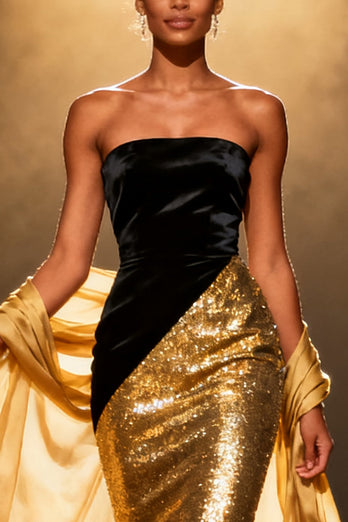 Sparkly Gold Strapless Mermaid Long Pageant Dress with Shawl