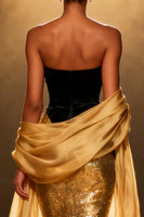 Load image into Gallery viewer, Sparkly Gold Strapless Mermaid Long Pageant Dress with Shawl