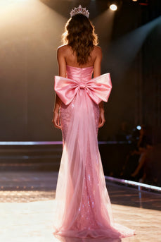 Sparkly Light Pink Mermaid Sequin Long Pageant Dress with Bow