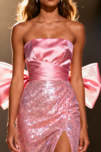 Sparkly Light Pink Mermaid Sequin Long Pageant Dress with Bow