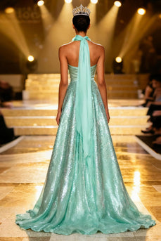 Sparkly Mint Green Strapless A Line Long Sequin Pageant Dress